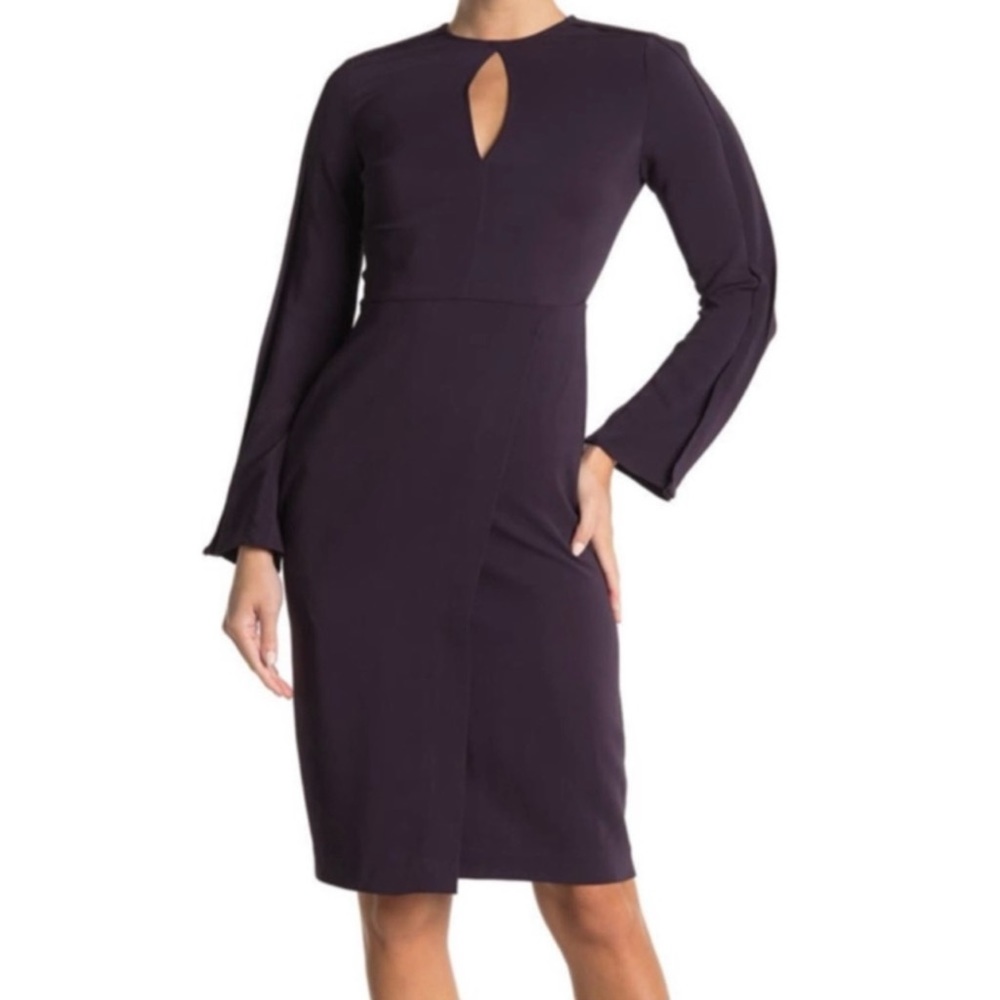REISS Anouk Cutout Jewel Neck Long Sleeve Fitted Slim Woven Dress, Berry